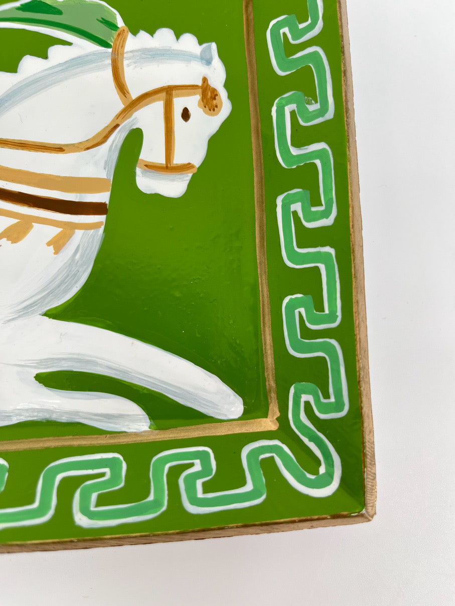 DANA GIBSON Green & Gold Handpainted Horse Ceramic Tray