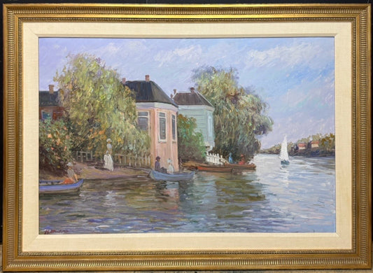 H. EDWERD Lake Scene w/ Sailboat Painting in Gold Frame