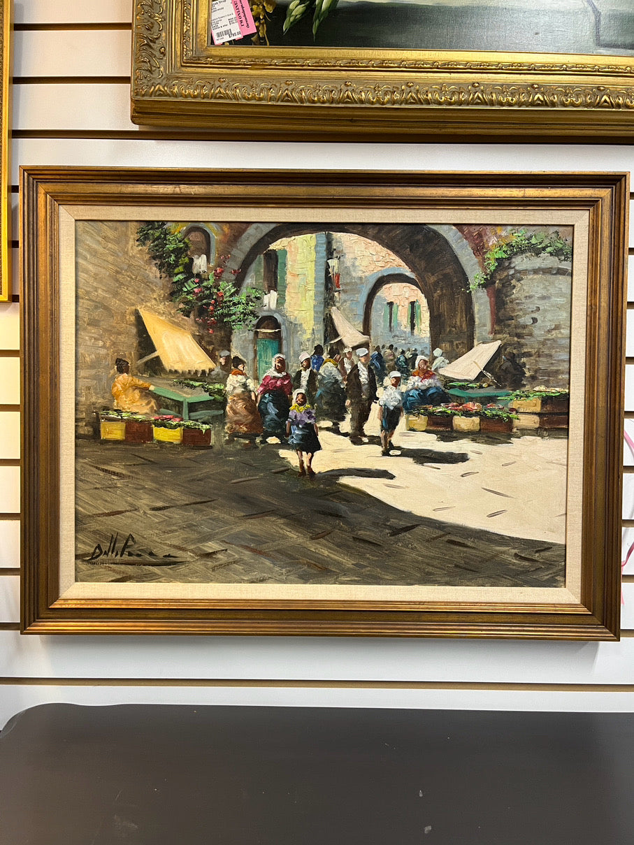 Market Scene Painting in Wood Frame