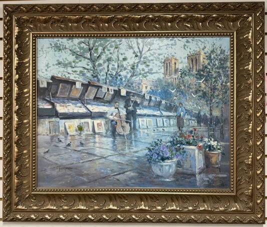 L. GORDON Paris Scene Painting in Brushed Gold Frame