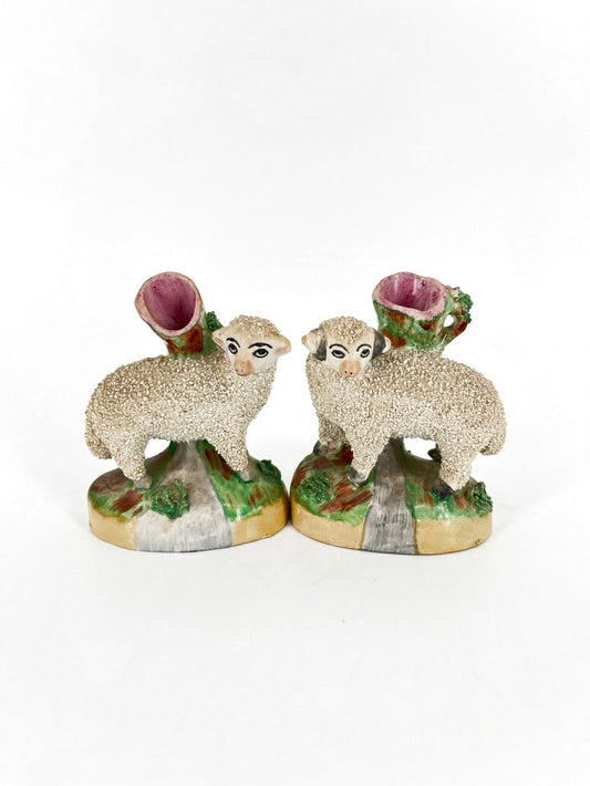 Staffordshire Porcelain Sheep Pair of Small Spill Vases
