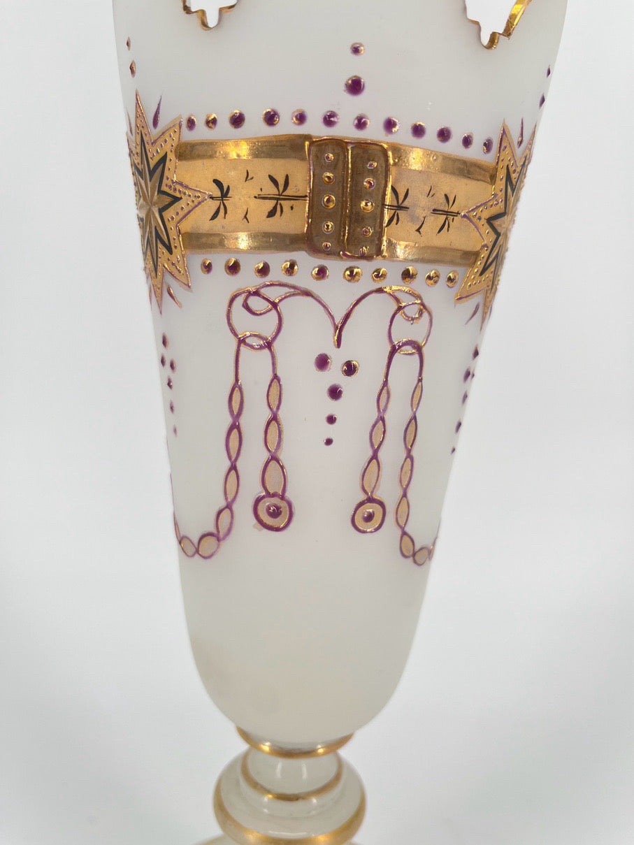 White Opaline Crown Cut Gilt Vase