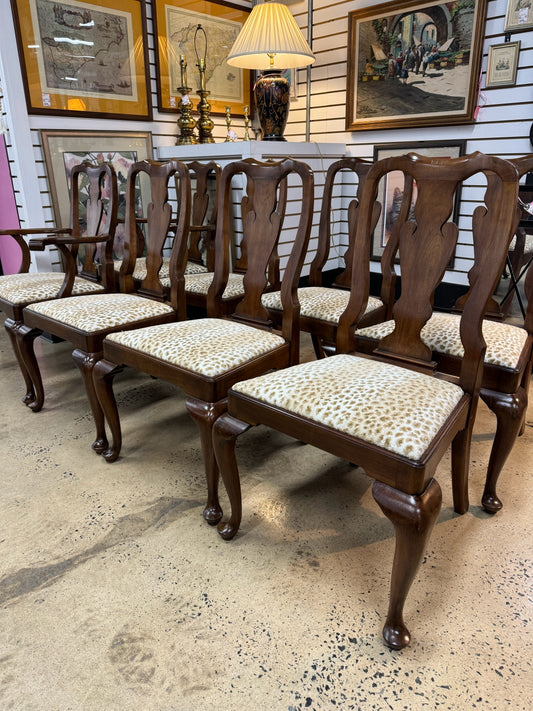HENKLE-HARRIS Cherry & Leopard Upholstered Set of 8 Queen Ann Chairs