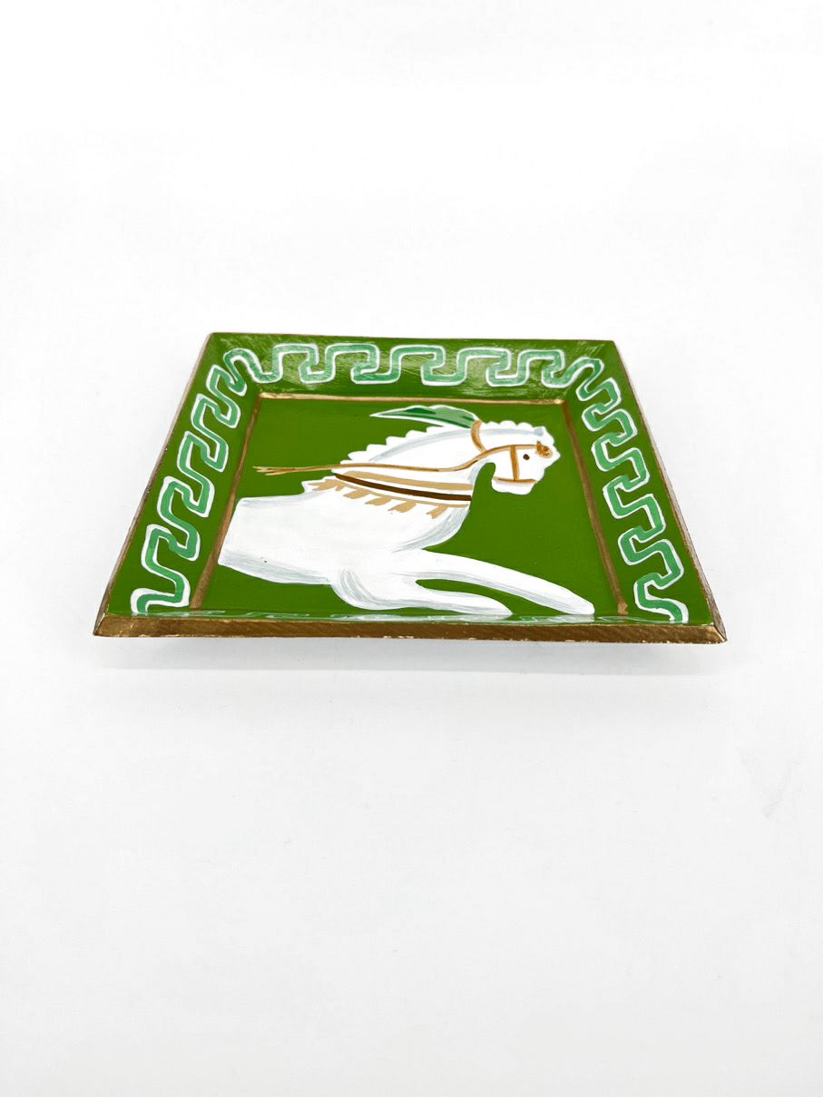 DANA GIBSON Green & Gold Handpainted Horse Ceramic Tray